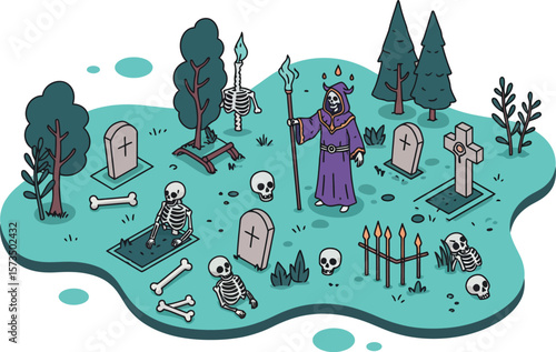 Grim Reaper in spooky cemetery with skeletons and tombstones Halloween vector illustration 