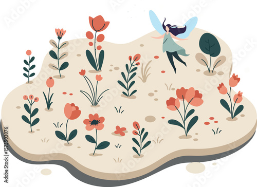 Small fairy flying over colorful flower garden with red and pink blossoms natural nature vector illustration 