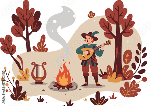 Medieval bard playing guitar by campfire surrounded by autumn trees and musical harp vector illustration 