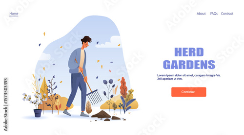Man gardening autumn leaves plants outdoor landscape colorful foliage website landing page