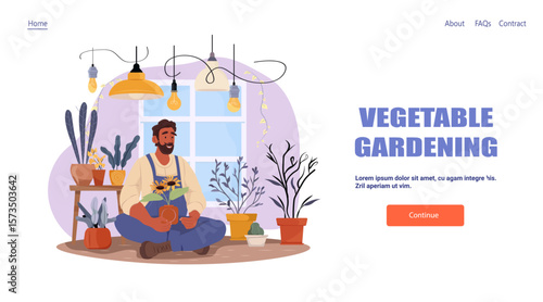 Vegetable gardening man caring indoor plants cozy home interior potted flowers window hanging lights web banner landing page template