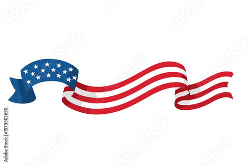 American flag ribbon banner for USA patriotic holidays. Waving decorative element for 4th of July, Memorial Day, Veterans Day. National symbol stripe border for celebration design.