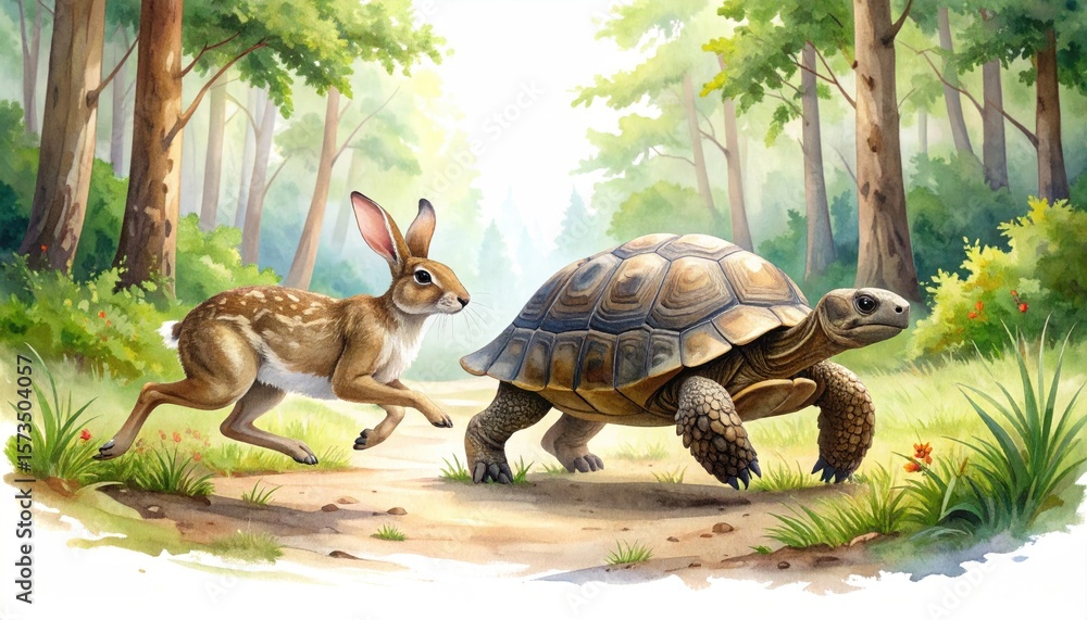 Fototapeta premium Hare and Tortoise in a Forest