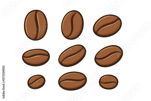 Coffee bean icon set vector illustration. Roasted coffee beans collection. Cafe espresso symbol. Morning energy drink ingredient. Fresh arabica grain for caffeine beverage.