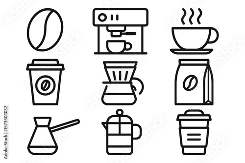 Coffee line icon set. Simple signs for cafe menu, app and website. Includes coffee bean, machine, cup, bag, french press, pour over, cezve. Vector drink & beverage symbols.
