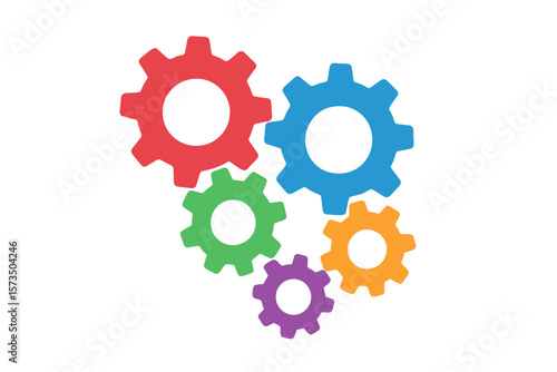 Colorful Interlocking Gears Vector Illustration. Teamwork, Collaboration, Mechanism, Engineering Concept. Vibrant Cogwheels, Technology, Process, Machine Parts, Isolated on White Background
