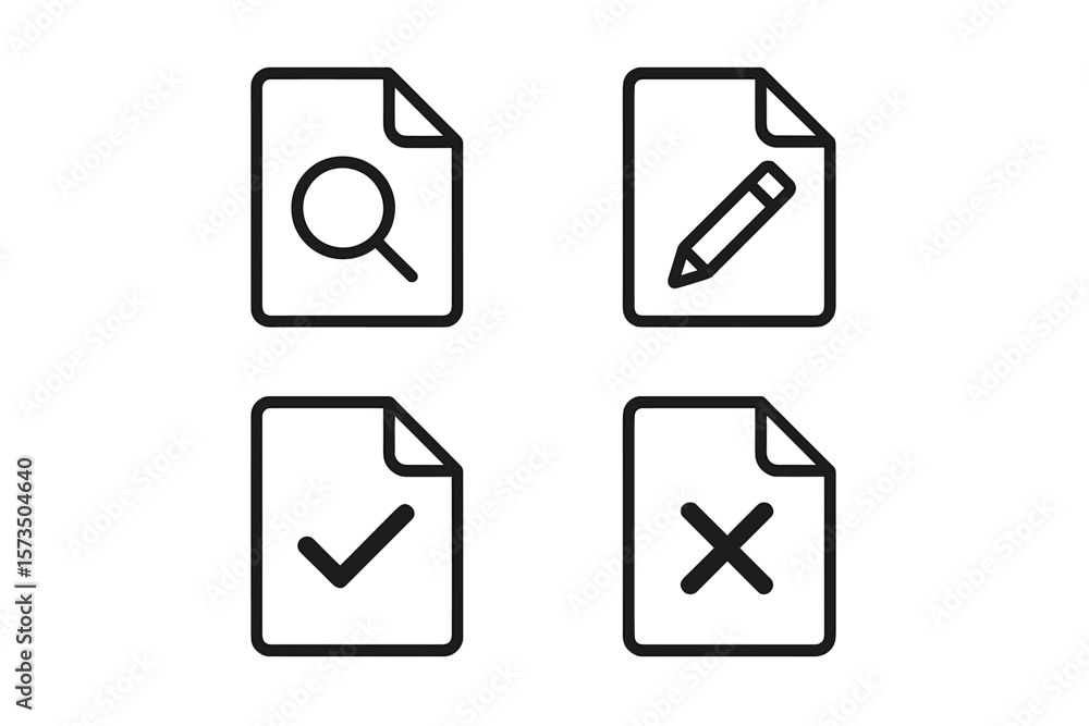 Document Icons Set. Paper Symbol with Magnifying Glass, Pencil, Check Mark, Cross. File Status, Edit, Approve, Reject. Outline Vector Illustration. Office, Business, Web, App, UI Design. Document Icons Set. Paper Symbol with Magnifying Glass, Pencil, Check Mark, Cross. File Status, Edit, Approve, Reject. Outline Vector Illustration. Office, Business, Web, App, UI Design.