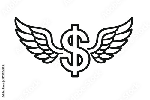 Flying Dollar Sign with Wings. Money Symbol. Financial Freedom. Wealth Concept. Fast Cash. Economic Growth. Banking. Investment. Currency. Success. Business Finance. Vector Illustration.