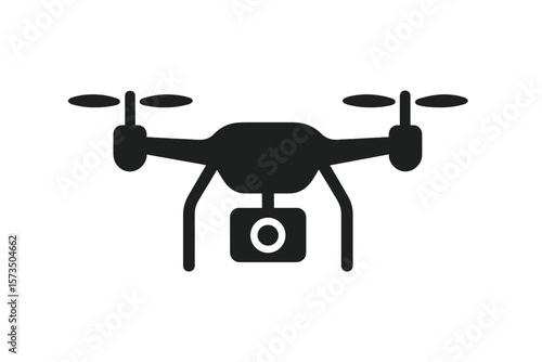 Drone quadcopter icon with camera. Modern UAV silhouette. Aerial photography, surveillance, delivery drone concept. Black vector illustration. Remote control technology. Isolated graphic symbol.