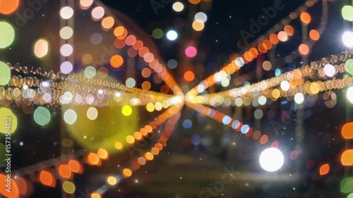 Bokeh lights forming lines with a bright yellow light in the center of the composition viewable