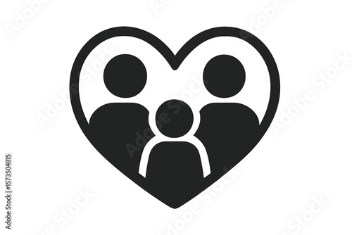 Family Love Icon. Parents and Child Silhouette in Heart Shape. Parental Care, Family Protection, Parenthood, Parental Support, Unity, Safe Home, Family Insurance, Vector Isolated Illustration