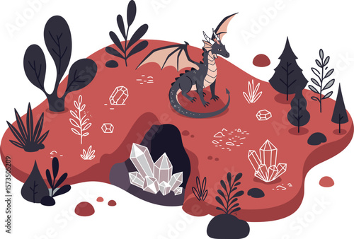 Dragon perched on red rocky terrain with dark plants and crystals fantasy vector illustration 