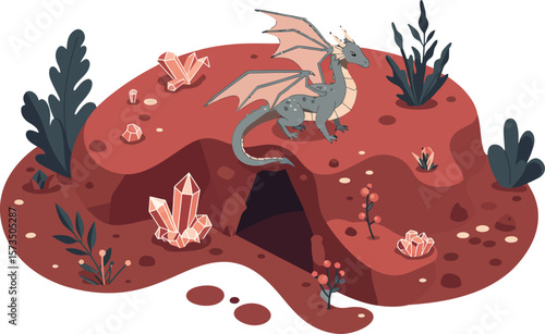 Small dragon resting on red rocky terrain with crystals and plants fantasy vector illustration 