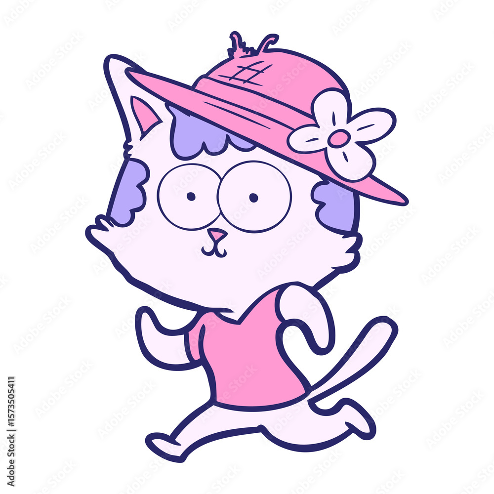 Obraz premium happy cartoon cat jogging in hat in bright neon color