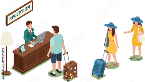 Hotel reception desk with receptionist and travelers checking in with luggage in vector illustration 