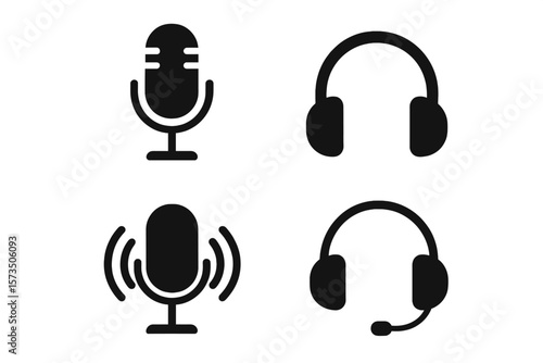 Microphone and headphones icon set. Simple pictograms for podcast, streaming, voice recording, or music. Headset symbol for call center or support. Vector audio symbols.