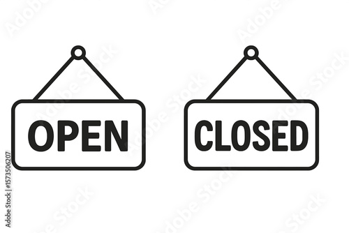 Open and closed hanging signs vector icon set. Store door signage for business hours. Simple outline illustration for shop, cafe or restaurant. We are open or closed notice symbol.