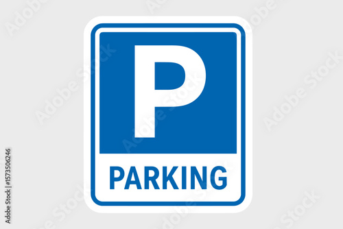 Parking Sign Vector Illustration. Blue and White Printable Sticker. Car Parking Zone Symbol. Urban Traffic Signage. Roadway Directional Icon. Reserved Parking Area. City Transportation Concept.