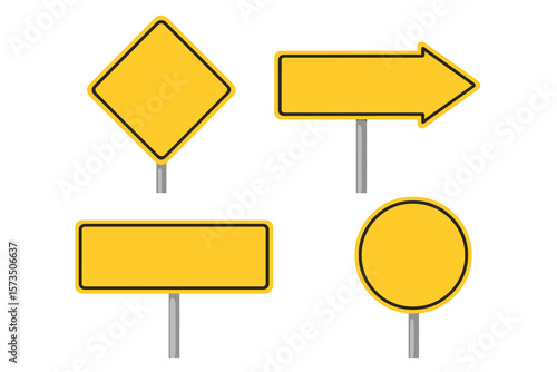 Blank yellow road signs mockup set. Empty traffic sign board for text. Warning, direction, information concept. Arrow, diamond, circle, rectangle shapes. Vector illustration.