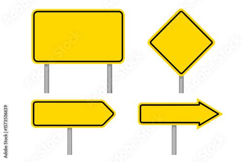 Road traffic signs set. Blank yellow warning and direction signs. Empty signboard, arrow and diamond shape for text. Vector illustration isolated for highway or street info.