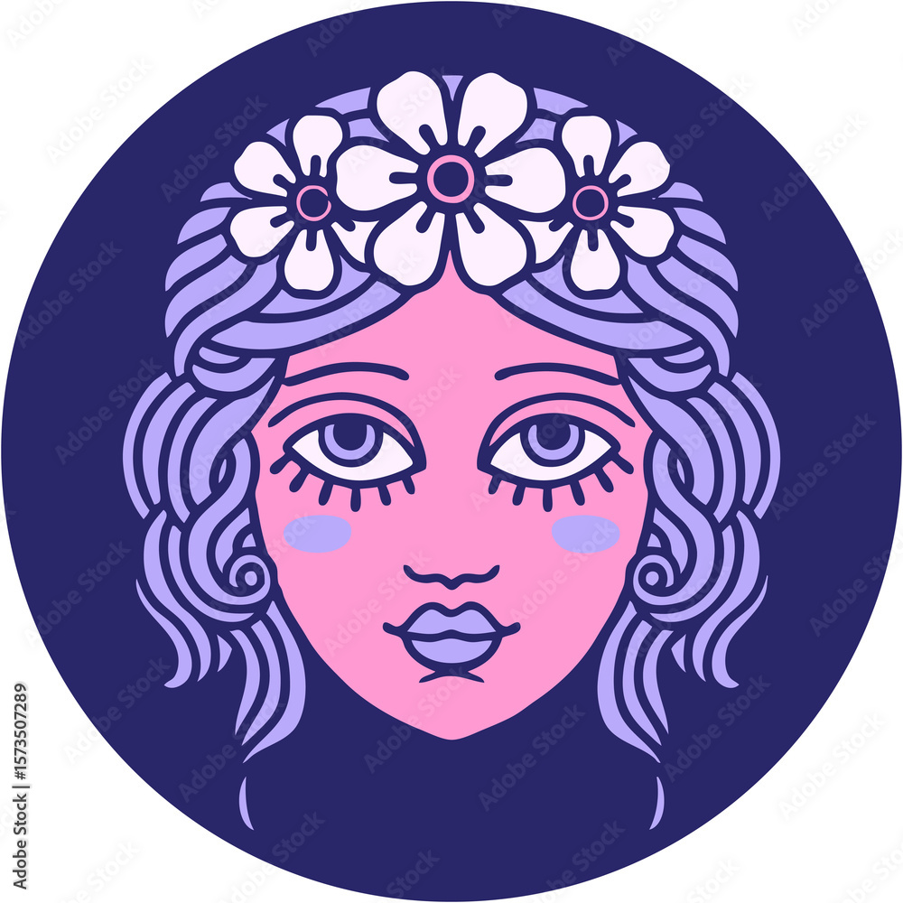 iconic tattoo style image of female face with crown of flowers in bright neon color iconic tattoo style image of female face with crown of flowers in bright neon color