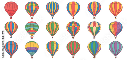 Collection of colorful hot air balloons with diverse patterns and designs