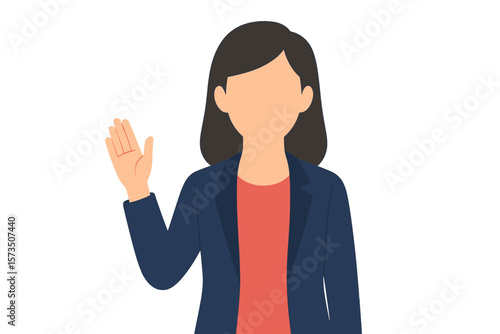 Confident Businesswoman Swearing Oath. Professional Female Character Raising Hand. Corporate Woman in Blazer and Red Shirt. Honesty, Integrity, Pledge, Leadership, Trust, Office Concept Illustration