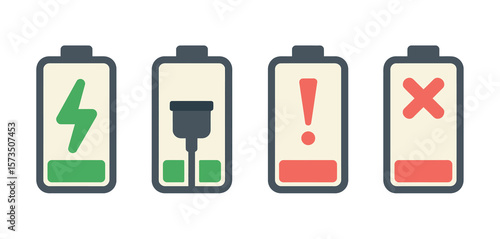Four battery icons showing different charge levels and status indicators