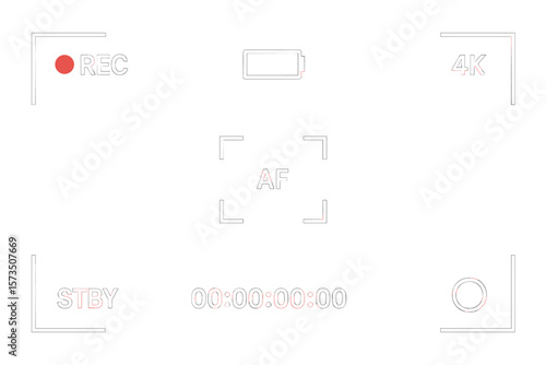 Video camera viewfinder frame. Camera recording screen for overlay. Digital display interface with REC, 4K, and AF icons. Camcorder screen effect. Vector illustration.
