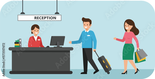 Hotel reception desk welcoming male and female tourists with luggage and shopping bags vector illustration 
