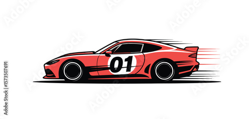 Red racing sports car with number 01 speeding on white background