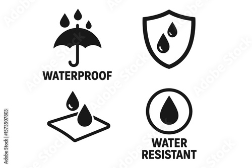 Waterproof Icons Set, Water Resistant Symbols, Liquid Protection Signs, Durable Safety Icons, Transparent PNG and Vector Illustration for Product Packaging and Design