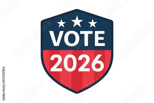 USA Vote 2026 Election Badge. Patriotic Shield Emblem. Red White Blue Stars. Midterm Election Campaign. Political Voting Symbol. American Democracy. Vector Illustration. Transparent PNG.
