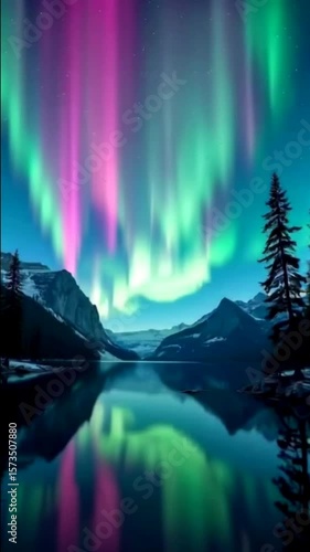 Mesmerizing timelapse footage of the Northern Lights (Aurora Borealis) illuminating the dark night sky with green and purple waves of light. Captured above a forest landscape, this cinematic clip show