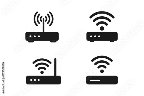 Wi-Fi router icon set collection. Wireless network modem symbol for app ui. Internet connection technology signal pictogram. Flat vector simple glyph for web design element.