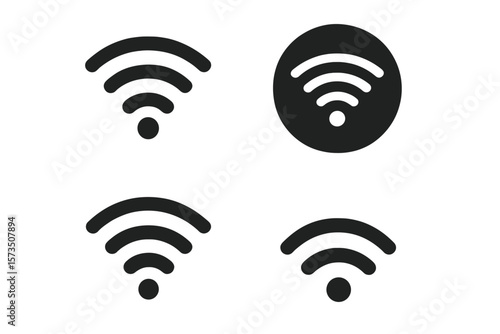 Wi-Fi icon set. Wireless internet connection symbol. Network signal strength indicator. Mobile hotspot pictogram for web and app. Communication technology vector glyph.