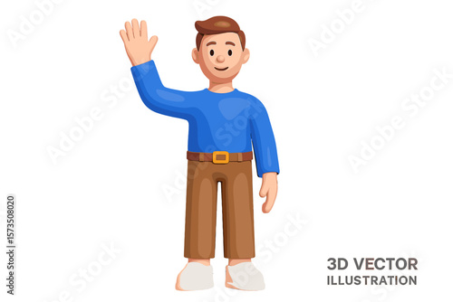 3D render character man waving hand gesture. Hello greeting or welcome sign. Happy smiling friendly young businessman or student. Modern cartoon plasticine vector illustration.