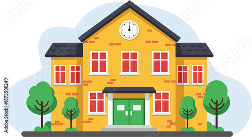Yellow School Building with Clock and Green Doors Surrounded by Trees Vector Illustration 