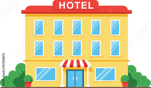 Hotel building exterior with red roof and yellow facade vector illustration for travel and accommodation concepts 