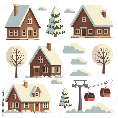 Charming winter village scene with snow covered houses trees and ski lift