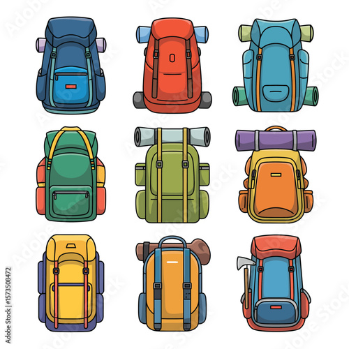 Collection of nine colorful hiking backpacks with sleeping bags and an axe