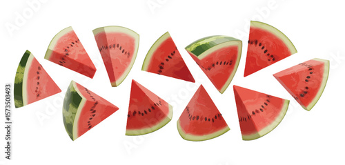 Freshly sliced watermelon wedges scattered on a white background