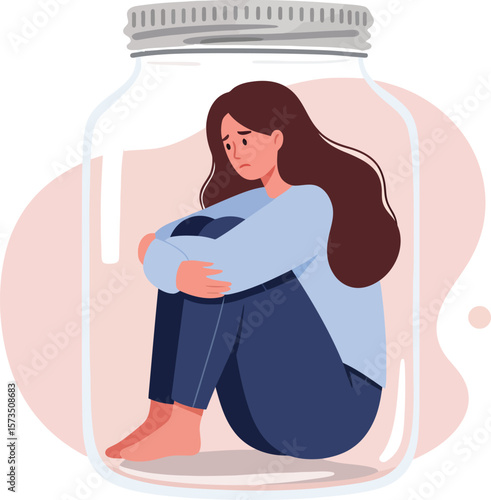 Woman sitting inside glass jar symbolizing emotional confinement and loneliness in soft muted colours 