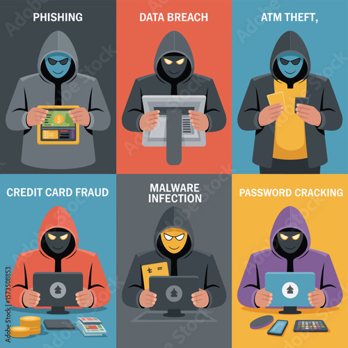 Cybercrime illustration showing phishing data breach atm theft credit card fraud malware and password cracking