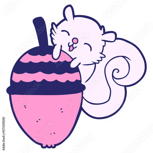 cartoon little squirrel and huge acorn in bright neon color