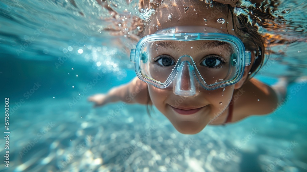 Naklejka premium Underwater girl with goggles smiles, enjoying a swim in clear blue water