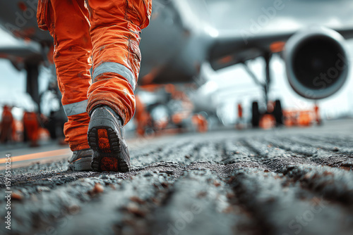 Airport worker in orange uniform walking near aircraft landing gear