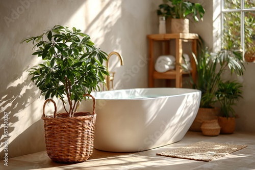 Bathroom interior with freestanding bathtub, green plants, and wicker baskets