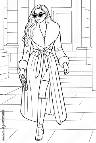 Stylish woman in a long fur coat, sunglasses and boots walking confidently through the city. Winter fashion coloring.
