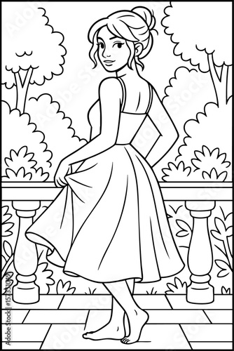 Smiling woman in a dress twirling barefoot on a balcony surrounded by trees. Peaceful summer coloring scene.